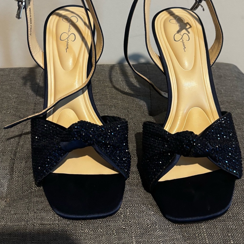 Jessica Simpson Navy Glitter Bow Ankle-Strap Heels